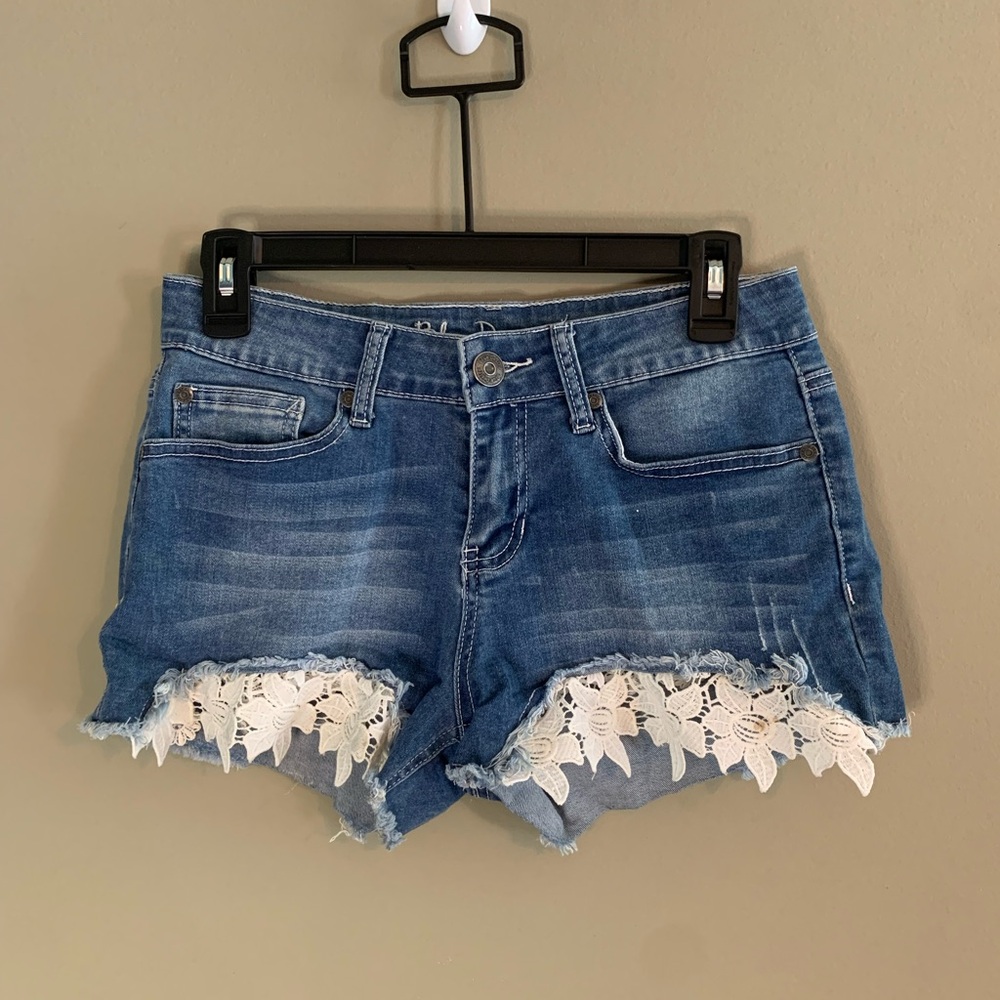 Blue and White Lace Trim Jean Shorts